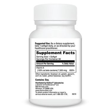 Product Facts on right side of the DaVinci Beta Carotene bottle