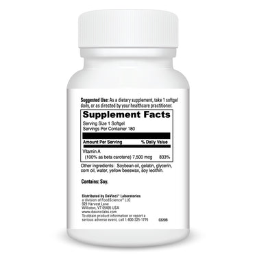 Product Facts on right side of the DaVinci Beta Carotene bottle