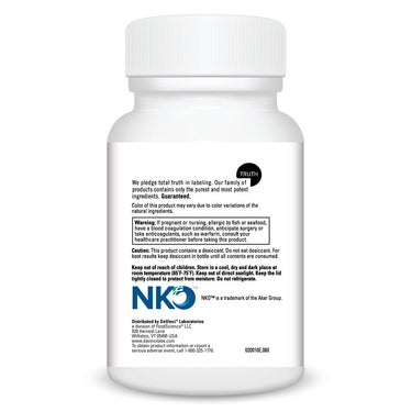 Product Facts on left side of the DaVinci Krill Oil bottle