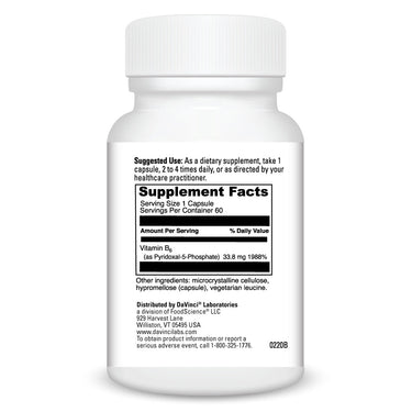 Product Facts on right side of the DaVinci Pyridoxal-5-Phosphate bottle