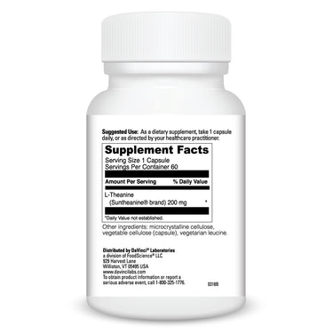 Product Facts on left side of the DaVinci L-Theanine bottle
