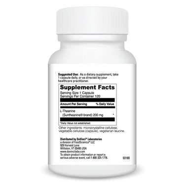 Product Facts on left side of the DaVinci L-Theanine bottle