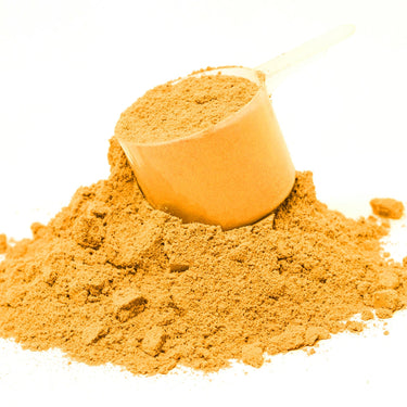 A plastic scoop in a pile of yellow Metabolic Ovary Support powder