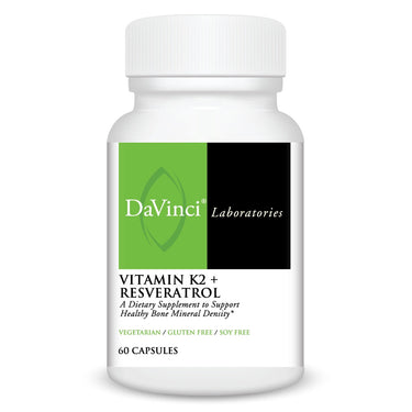 Front of the DaVinci VItamin K2 + Resveratrol bottle