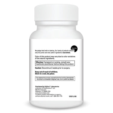Product Facts on left side of the DaVinci VItamin K2 + Resveratrol bottle