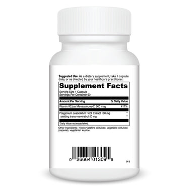 Product Facts on right side of the DaVinci VItamin K2 + Resveratrol bottle