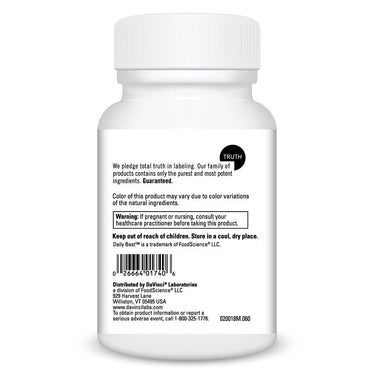 Product Facts on left side of the DaVinci Daily Best™ Probiotic bottle