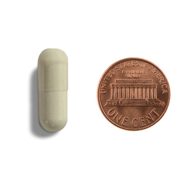 A beige capsule being compared to the size of a penny