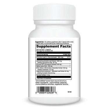 Product Facts on right side of the DaVinci Glucosynergy™ bottle
