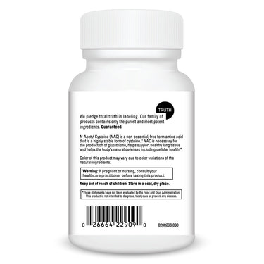 Product Facts on left side of the DaVinci N-Acetyl Cysteine 500 MG bottle