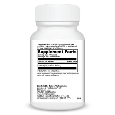 Product Facts on right side of the DaVinci N-Acetyl Cysteine 500 MG bottle