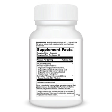 Product facts on back of prebiotic mushroom blend bottle