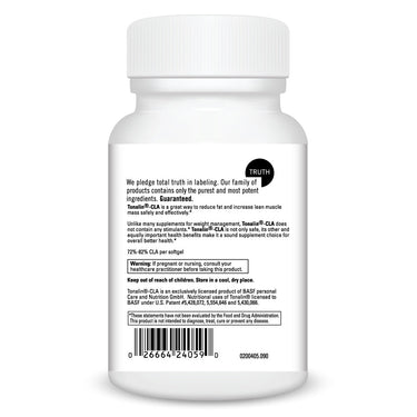 Product Facts on left side of the DaVinci Tonalin® CLA bottle