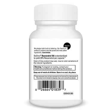 Product Facts on left side of the DaVinci Resveratrol-50 bottle