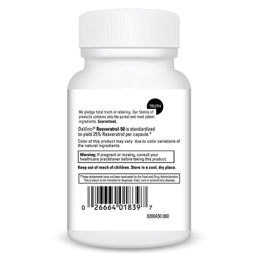 Product Facts on left side of the DaVinci Resveratrol-50 bottle