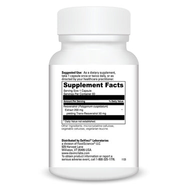 Product Facts on right side of the DaVinci Resveratrol-50 bottle