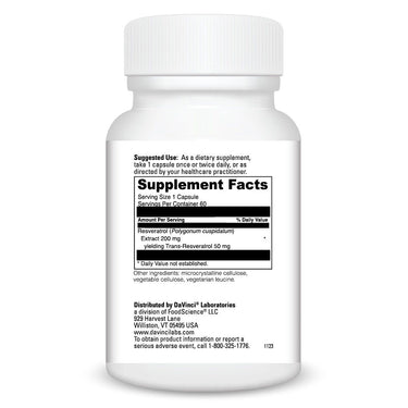 Product Facts on right side of the DaVinci Resveratrol-50 bottle