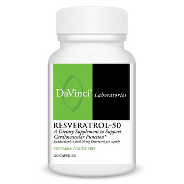 Front of the DaVinci Resveratrol-50 bottle