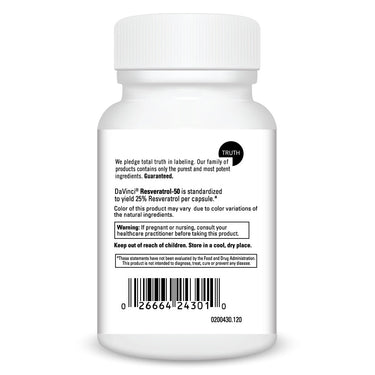 Product Facts on left side of the DaVinci Resveratrol-50 bottle