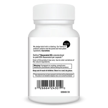 Product Facts on left side of the DaVinci Resveratrol-50 bottle