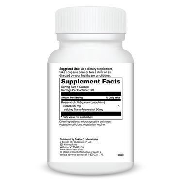 Product Facts on right side of the DaVinci Resveratrol-50 bottle