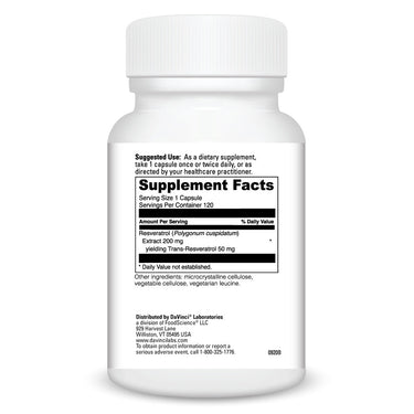 Product Facts on right side of the DaVinci Resveratrol-50 bottle