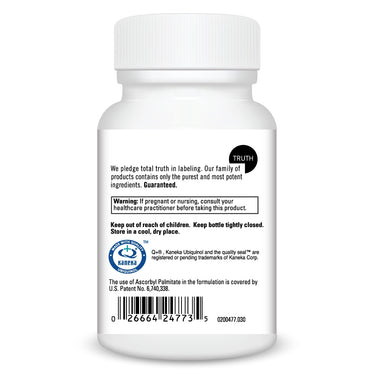 Product Facts on left side of the DaVinci Ubiquinol 100MG bottle