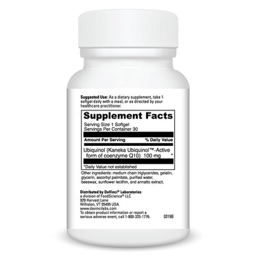 Product Facts on right side of the DaVinci Ubiquinol 100MG bottle