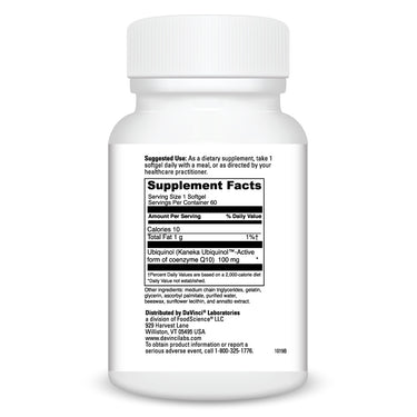 Product Facts on right side of the DaVinci Ubiquinol 100MG bottle