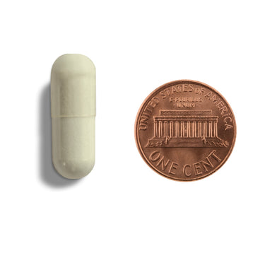 An off-white capsule being compared to the size of a penny