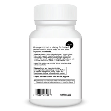 Product Facts on left side of the DaVinci Vitamin K2 Plus bottle