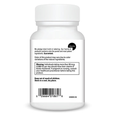 Product Facts on left side of the DaVinci Vitamin D3 1,000 IU bottle