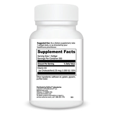 Product Facts on right side of the DaVinci Vitamin D3 1,000 IU bottle