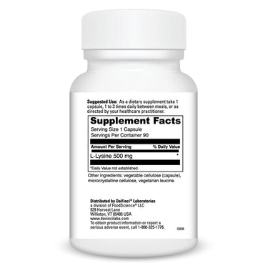 Product Facts on right side of the DaVinci L-Lysine Capsules bottle