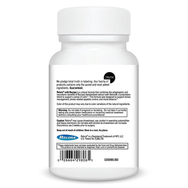 Product Facts on left side of the DaVinci Relora® with Bacopa bottle